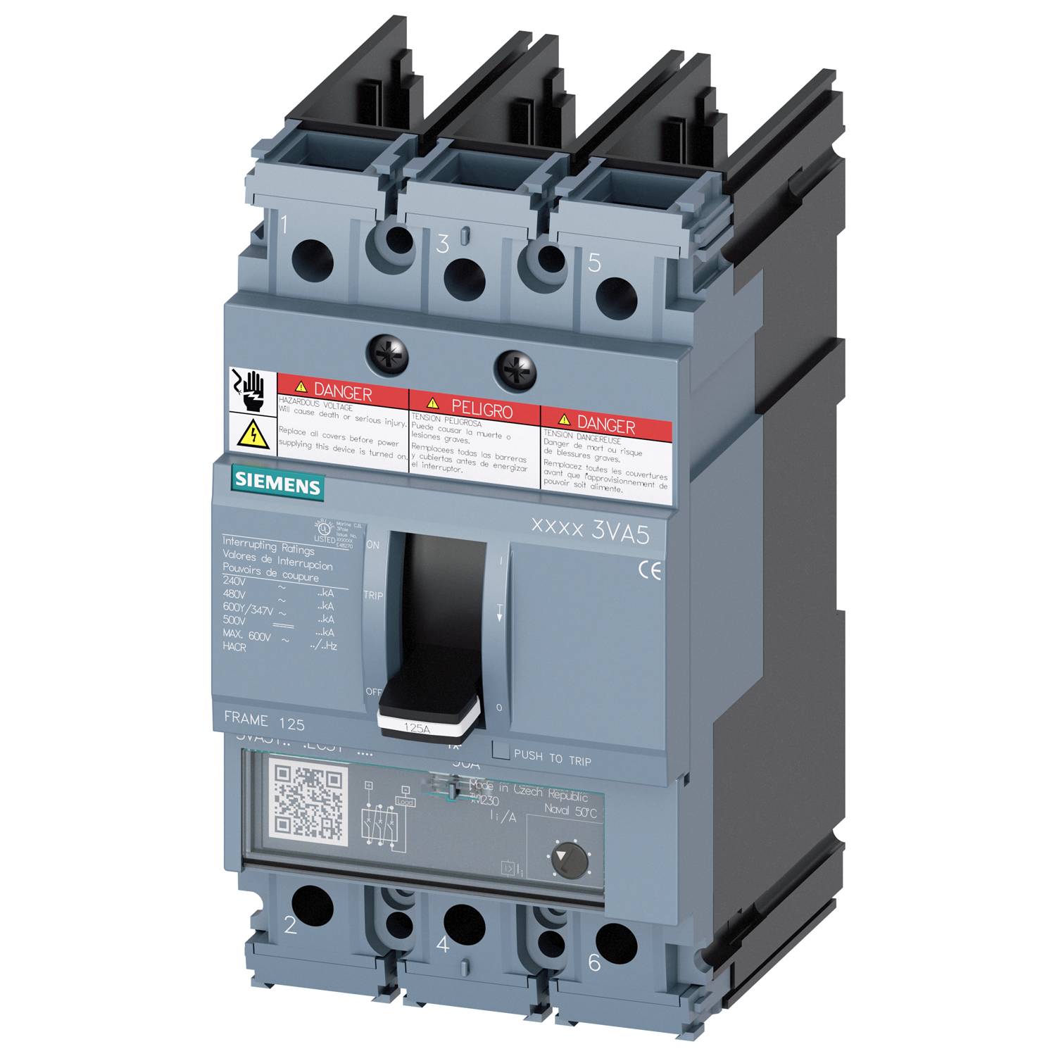 Siemens 3VA5111-6ED31-0AA0 Molded Case Circuit Breaker, 690 VAC/500 VDC, 125 A, 64 kA Interrupt, 3 Poles, Thermal/Magnetic Trip