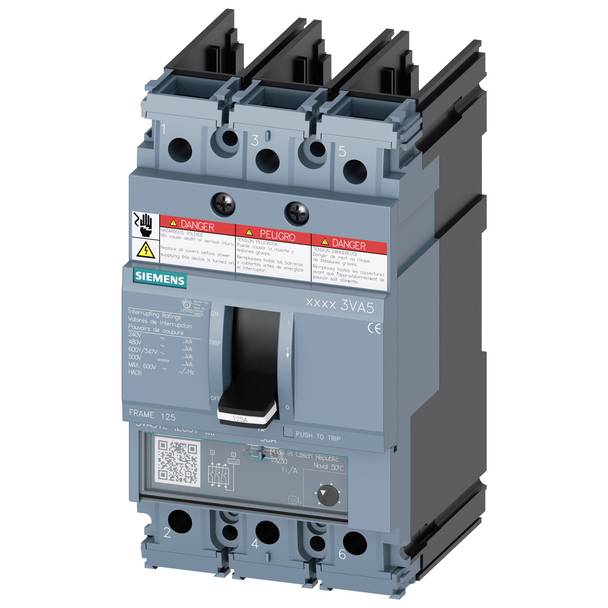 Siemens 3VA5111-5ED31-0AA0 Molded Case Circuit Breaker, 690 VAC/500 VDC, 125 A, 35 kA Interrupt, 3 Poles, Thermal/Magnetic Trip
