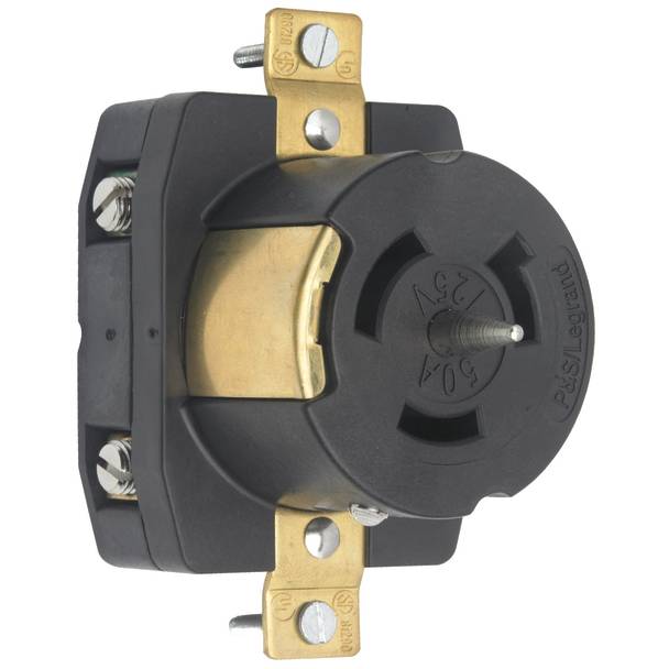Pass & Seymour® Turnlok® CS6370 California Standard Locking Receptacle, 125 VAC, 50 A, 2 Poles, 3 Wires, Black