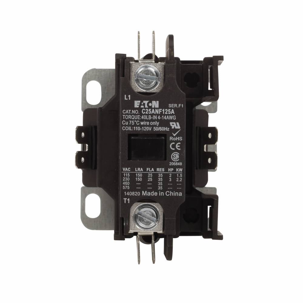 EATON C25ANF140A Definite Purpose Contactor With Metal Mounting Plate, 110/120 VAC V Coil, 40 A, 1 Pole