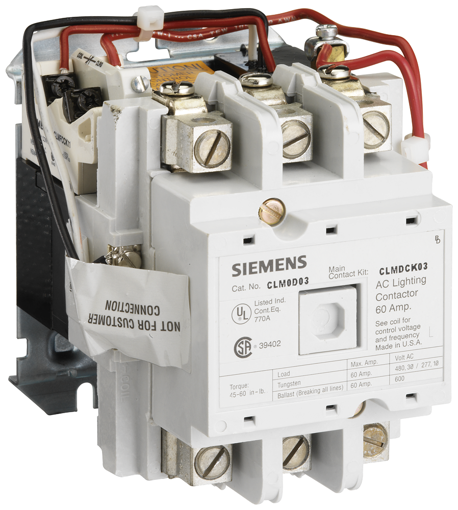 Siemens CLM0D02120 Class CLM Mechanically/Magnetically Held Lighting Contactor, 120 VAC Coil, 60 A, 0NC-2NO Contact, 2 Poles