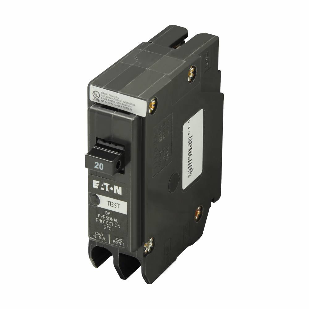 EATON BRN120GF Type ETN01 Ground Fault Circuit Breaker, 120/240 VAC, 20 A, 10 kA Interrupt, 1 Poles, Trip-to-Center Trip