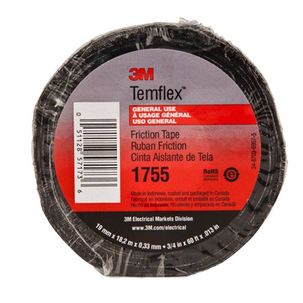 Temflex™ 1755-3/4X82.5FT Friction Tape, 82.5 ft L x 3/4 in W, 13 mil THK, Cotton Fabric, Thermosetable Rubber/Resin Adhesive, Cotton Cloth Backing, Black