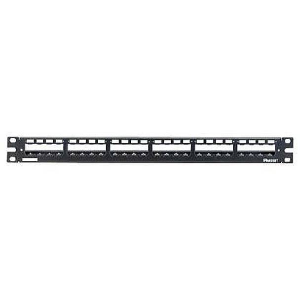 Panduit® Mini-Com® PanNet® CP24WSBLY 1RU All Metal Flat Shielded Modular Patch Panel With Black Built-In Strain Relief Bar, 24 Ports, Stainless Steel