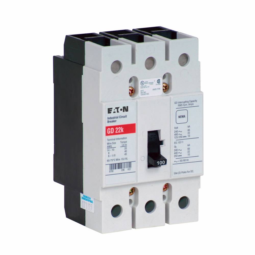 EATON GD3100 C Series Type GD Cable-In/Cable-Out Molded Case Circuit Breaker, 480 VAC/125/250 VDC, 100 A, 14/65 kA Interrupt, 3 Poles, Fixed Thermal/Fixed Magnetic/Non-Interchangeable Trip