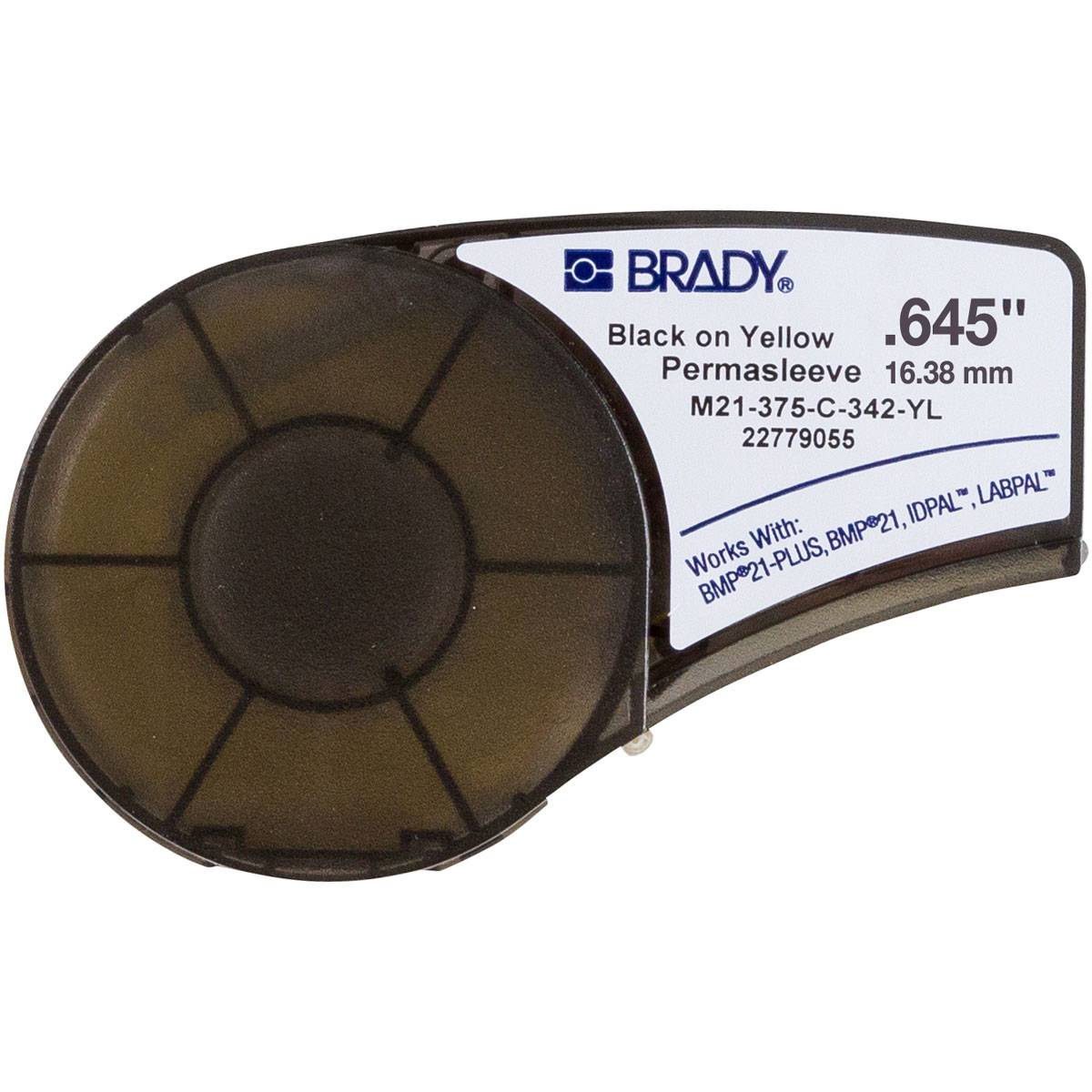 Brady® PermaSleeve® M21-375-C-342-YL BMP®21 Heat Shrink Tubing Cartridge Label, 7 ft L x 3/8 in W, Black on Yellow, B-342 Polyolefin