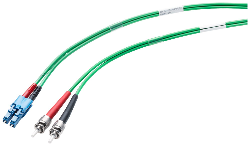 Siemens 6XV18435EH100AB0 Pre-Assembled Multimode Glass Fiber Optic Cable With (1) LC Duplex Connector and (2) BFOC Connector, 1 m L, Green