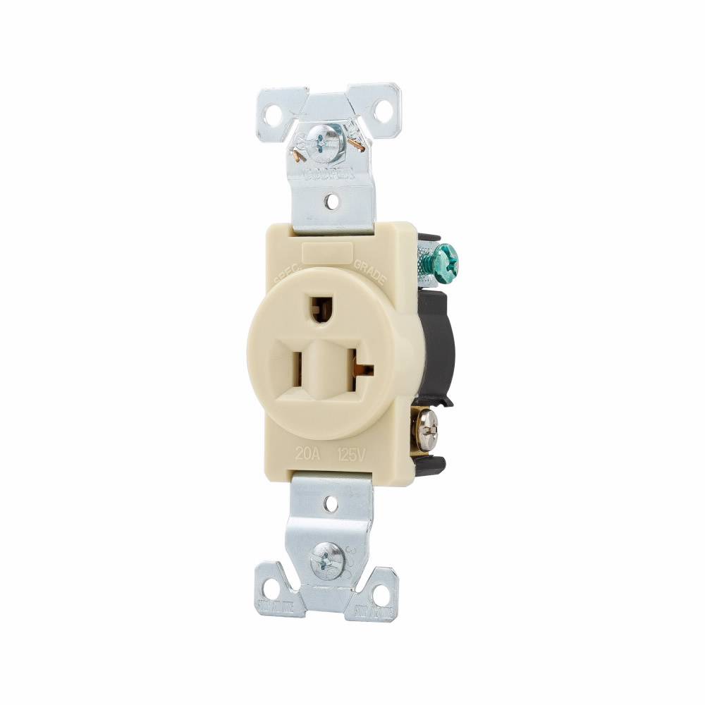 EATON Arrow Hart™ Eaton Wiring Devices 1877V-BOX 1877 Single Tamper-Resistant Straight Blade Receptacle, 125 VAC, 20 A, 2 Poles, 3 Wires, Ivory