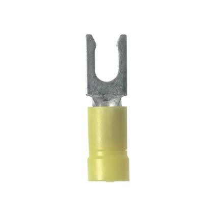 Panduit® StrongHold™ EV10-14LFB-Q Type EV-LFB Fork Terminal, 10 AWG Conductor, 1.19 in L, Beveled Edge/Butted Seam/Funnel Entry/Serrated Barrel, Copper, Yellow