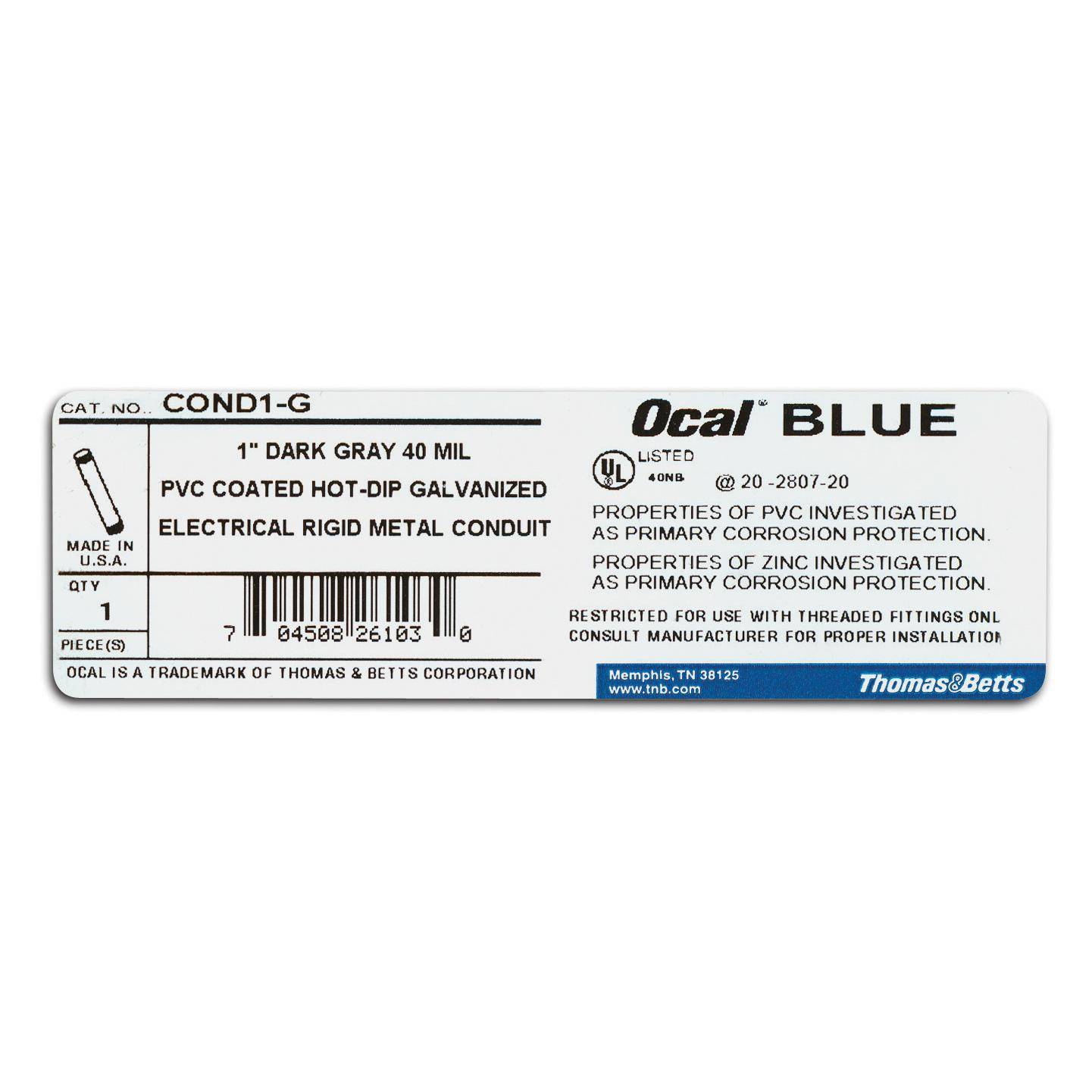 Ocal® COND1-1/4-B COND Rigid Conduit, 1-1/4 in Trade, 1.39 in Dia ...