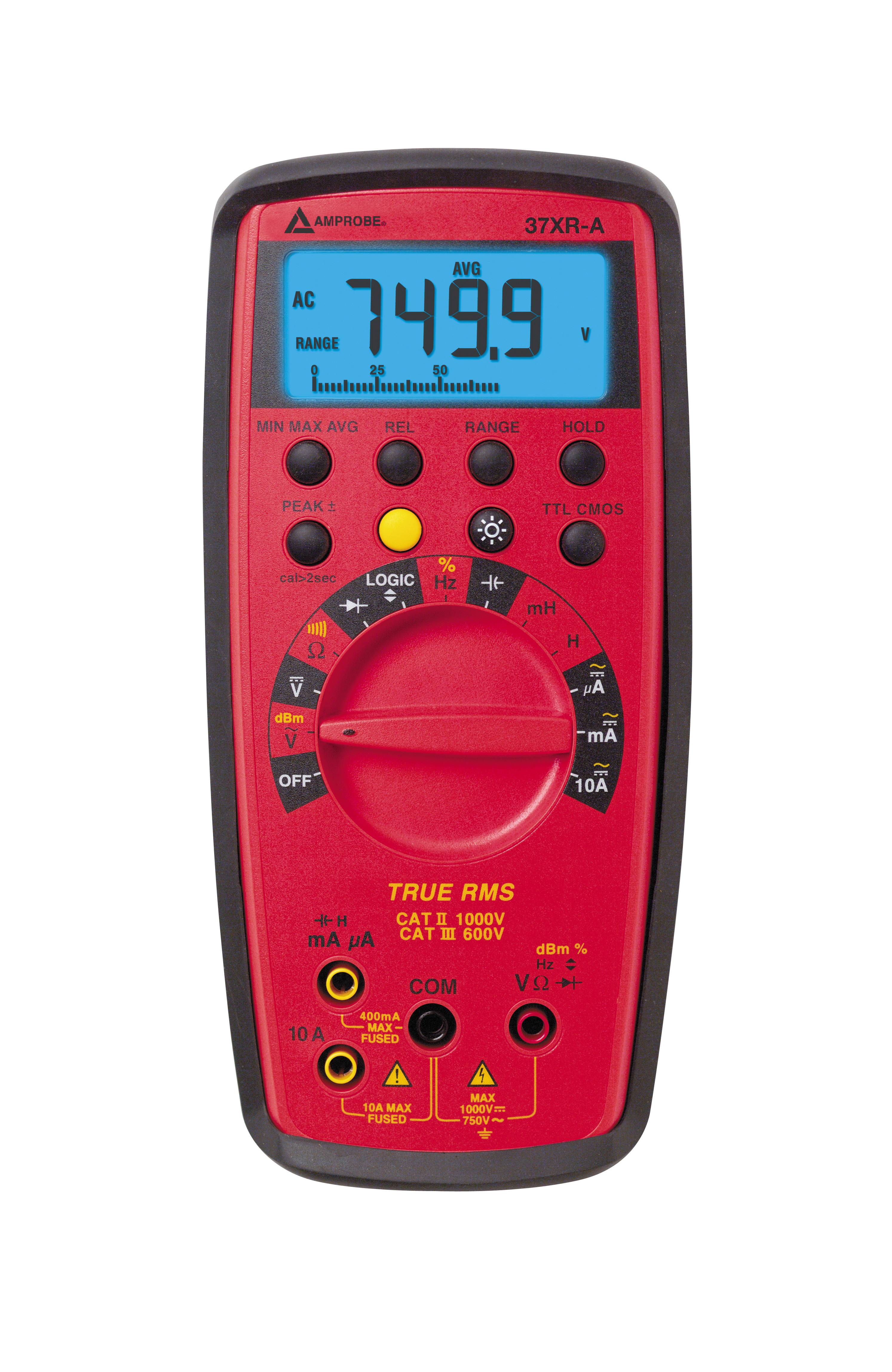 Amprobe® 37XR-A Full Size True RMS Digital Multimeter, 10 to 1000 VAC/VDC, 1 mVAC/mVDC, 1 to 100 uA, 10 to 400 mA, 10 A, 1000 Ohm, 10 to 1000 kOhm, 10 to 40 Mohm, 4-3/4 Digits 10000 Counts LCD Display