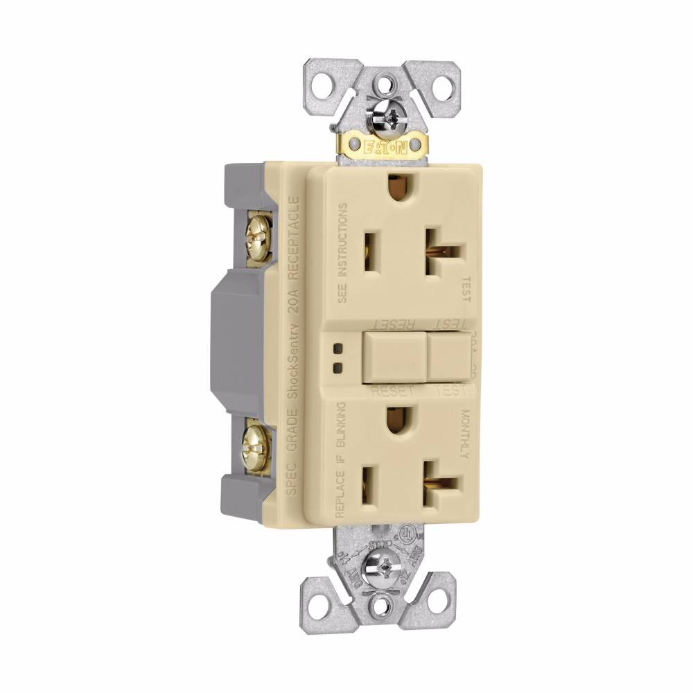 EATON Arrow Hart™ Eaton Wiring Devices SGF20V Duplex Grounding Self-Test GFCI Receptacle, 125 VAC, 20 A, 2 Poles, 3 Wires, Ivory