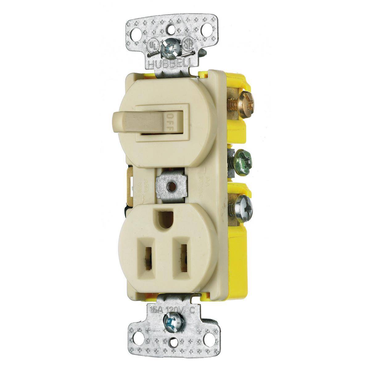 Wiring Device-Kellems RC108I Traditional 2-Position Standard Traditional Switch And Receptacle, Electrical Ratings: 120/125 VAC, 15 A, 1800 W, 1 Poles, 3 Wires, Snap Switch Reset