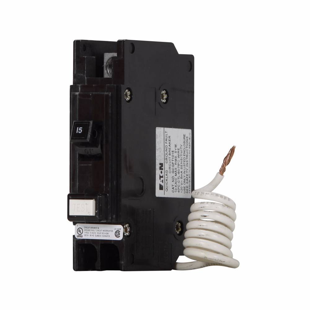 EATON QuickLag® QCGFT1015 Type QCGFT Cable-In/Cable-Out Circuit Breaker, 120/240 VAC, 15 A, 10 kA Interrupt, 1 Poles, Thermal/Magnetic Trip