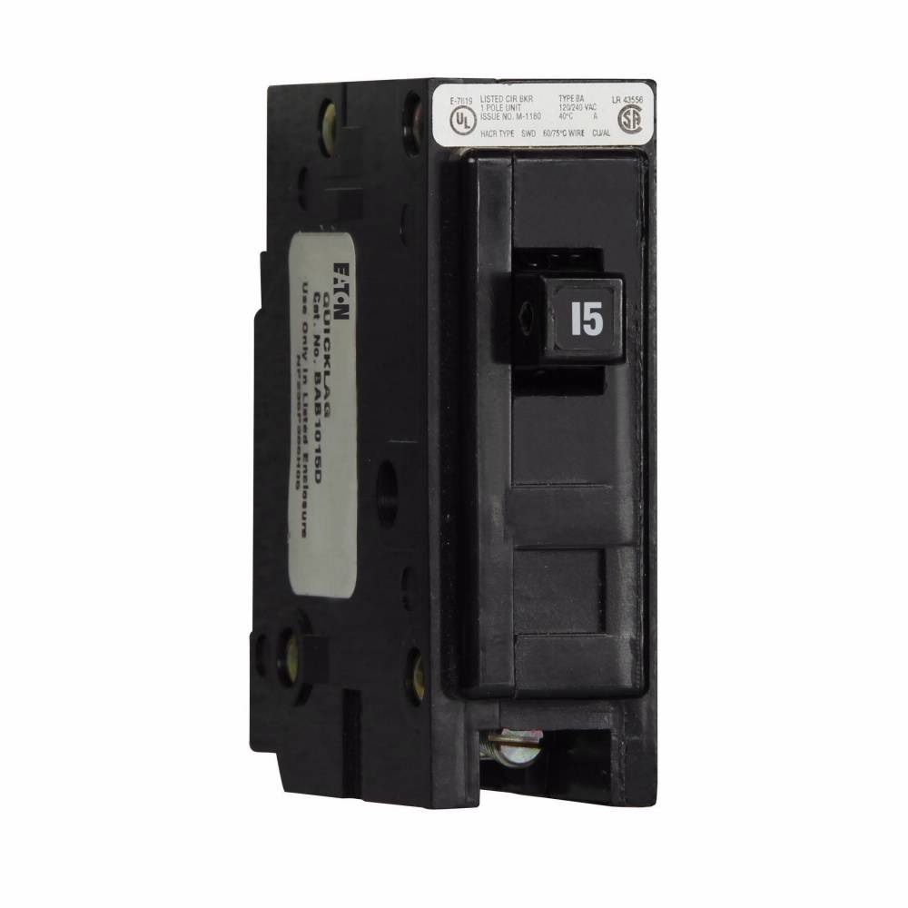 Cutler-Hammer BAB1015 Type BAB Molded Case Industrial Miniature Circuit Breaker, 120/240 VAC, 15 A, 10 kA Interrupt, 1 Poles, Instantaneous/Long Time/Thermal Magnetic Trip