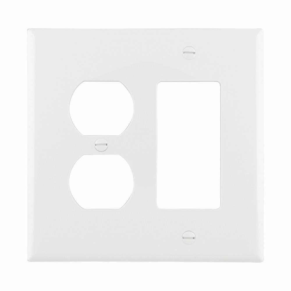 EATON Arrow Hart® PJ826W Mid-Size Combination Wallplate, 2 Gangs, 4.87 in H x 4.94 in W, Polycarbonate, White
