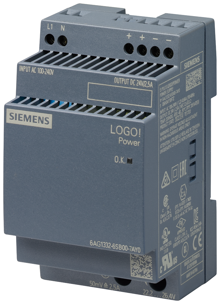 Siemens SIPLUS 6AG13326SB007AY0 Stabilized Power Supply Module, 100/240 VAC Input, 24 VDC Output, 0.66/1.22 A Input, 2.5 A Output