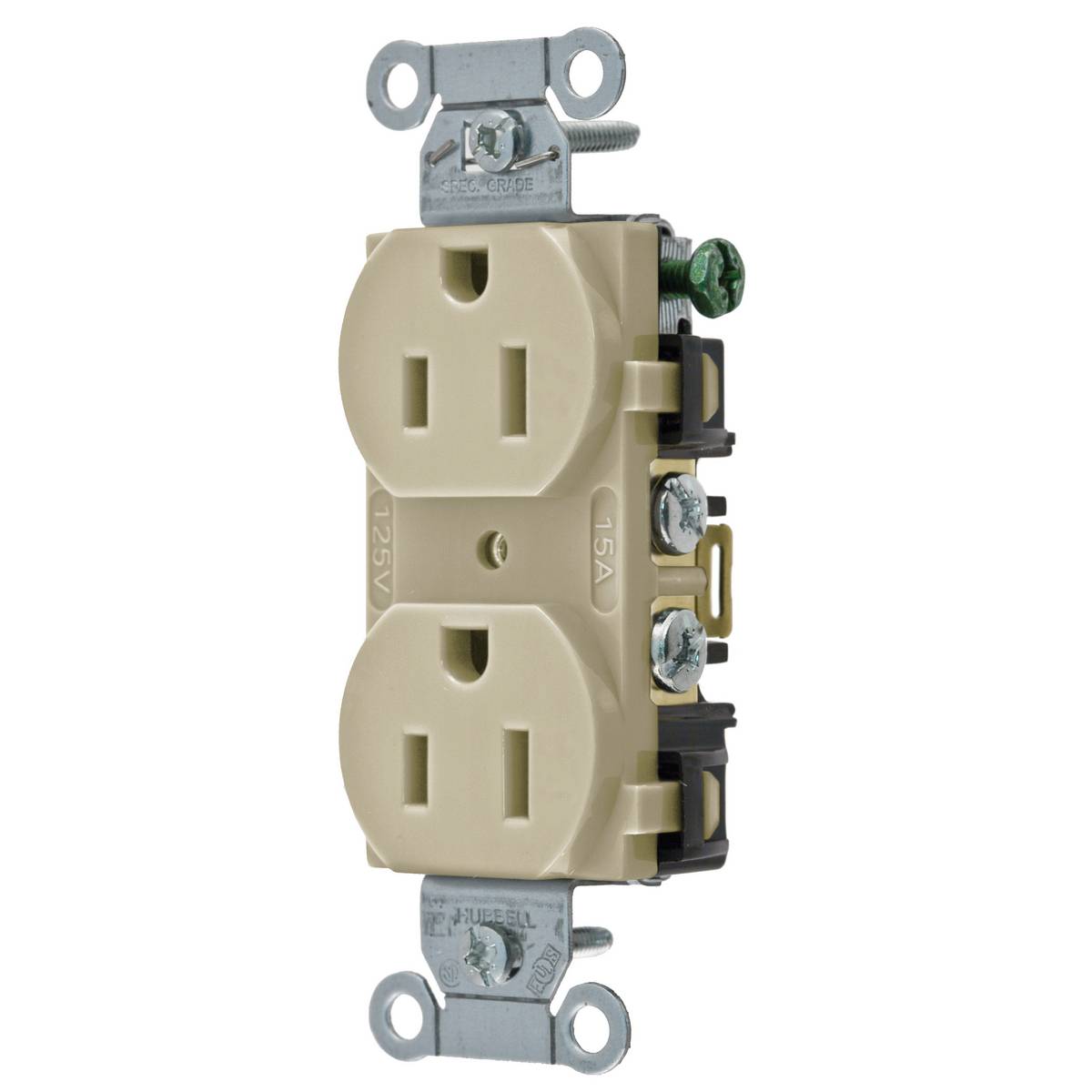 Wiring Device-Kellems BR15I 1-Phase Duplex Self-Grounding Standard Traditional Screw Mount Straight Blade Receptacle, 125 VAC, 15 A, 2 Poles, 3 Wires, Ivory