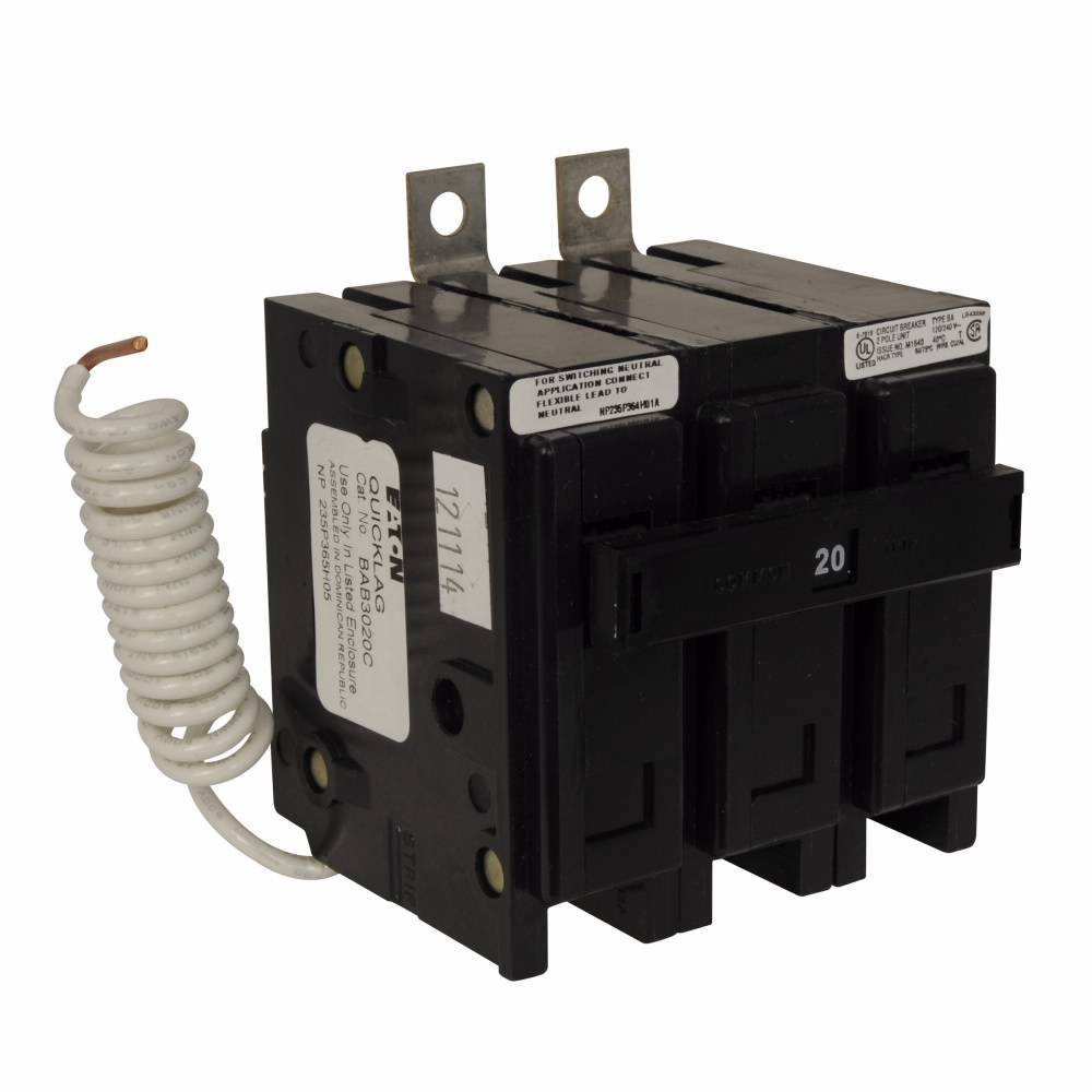 EATON QuickLag® BAB3020H Type BAB Miniature Circuit Breaker, 240 VAC, 20 A, 10 kA Interrupt, 3 Poles, Non-Interchangeable Trip