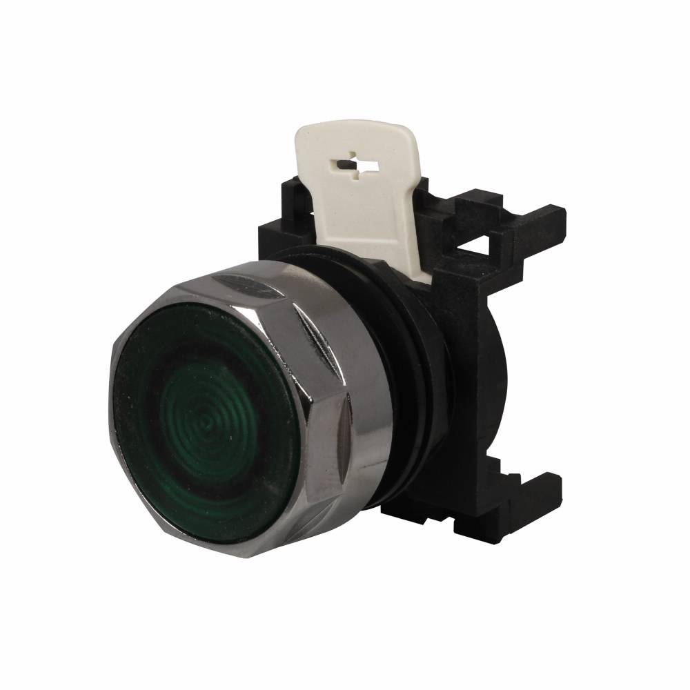 EATON E22N3 Heavy Duty Illuminated Pushbutton Operator With (6) Lamps, 25 mm, Flush Button Operator, Momentary Contact, Green