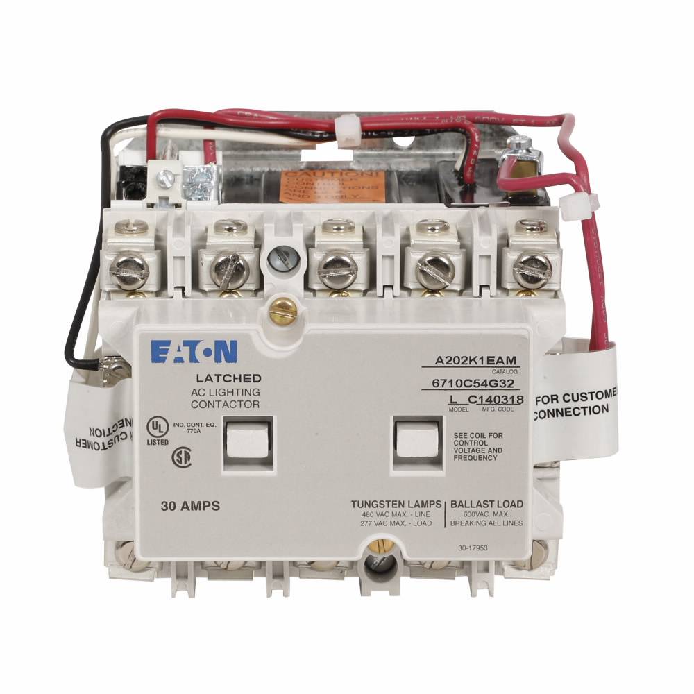EATON A202K1EWM Type AC Enclosed Magnetically Latched Lighting Contactor, 220/240 VAC V Coil, 30 A, 5 Poles