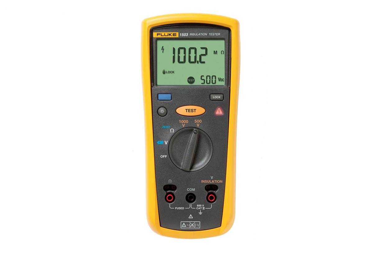 Fluke® FLUKE-1503 Insulation Resistance Tester, 600 VAC/VDC, 0.01 Ohm to 20 kOhm, +/-2% +3 Accuracy, Graphic to Backlight Display, Cat IV 600 V