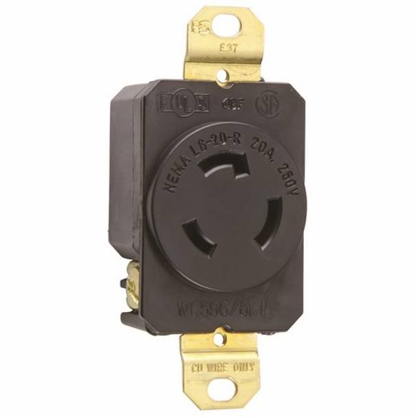 Pass & Seymour® Turnlok® L620-R Single Locking Receptacle, 250 VAC, 20 A, 2 Poles, 3 Wires, Black