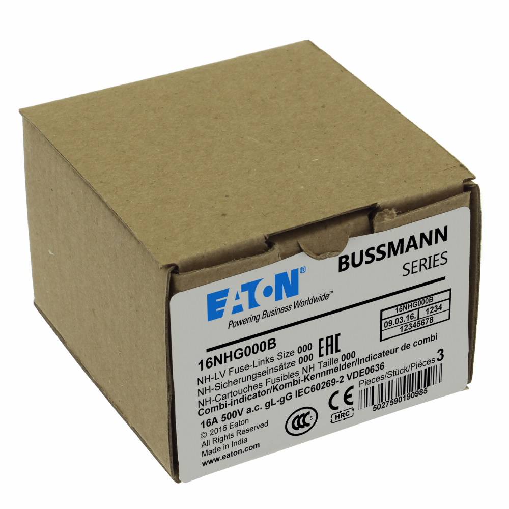Bussmann 16NHG000B Size 000 Class gG/gL Dual Indicator NH Fuse Link With Metal Gripping Lugs, 500 V, 16 A, For Use With Bussmann NH Size Photovoltaic Fuse, Ceramic