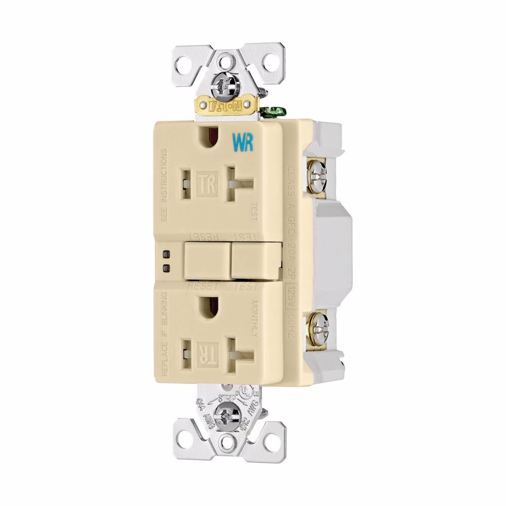 Eaton Wiring Devices TWRSGF20V TWRSGF Tamper/Weather-Resistant Duplex GFCI Receptacle, 125 VAC, 20 A, 2 Poles, 3 Wires, Ivory