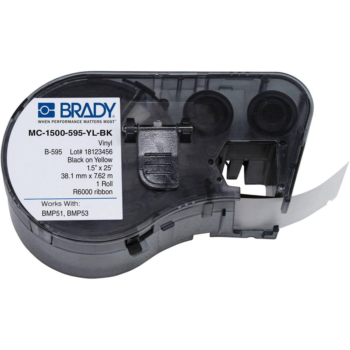 Brady® MC-1500-595-YL-BK M Series Label Maker Cartridge, 25 ft L x 1-1/2 in W, For Use With BMP® 53 and BMP® 51 Label Maker, B-595 Vinyl, Black on Yellow