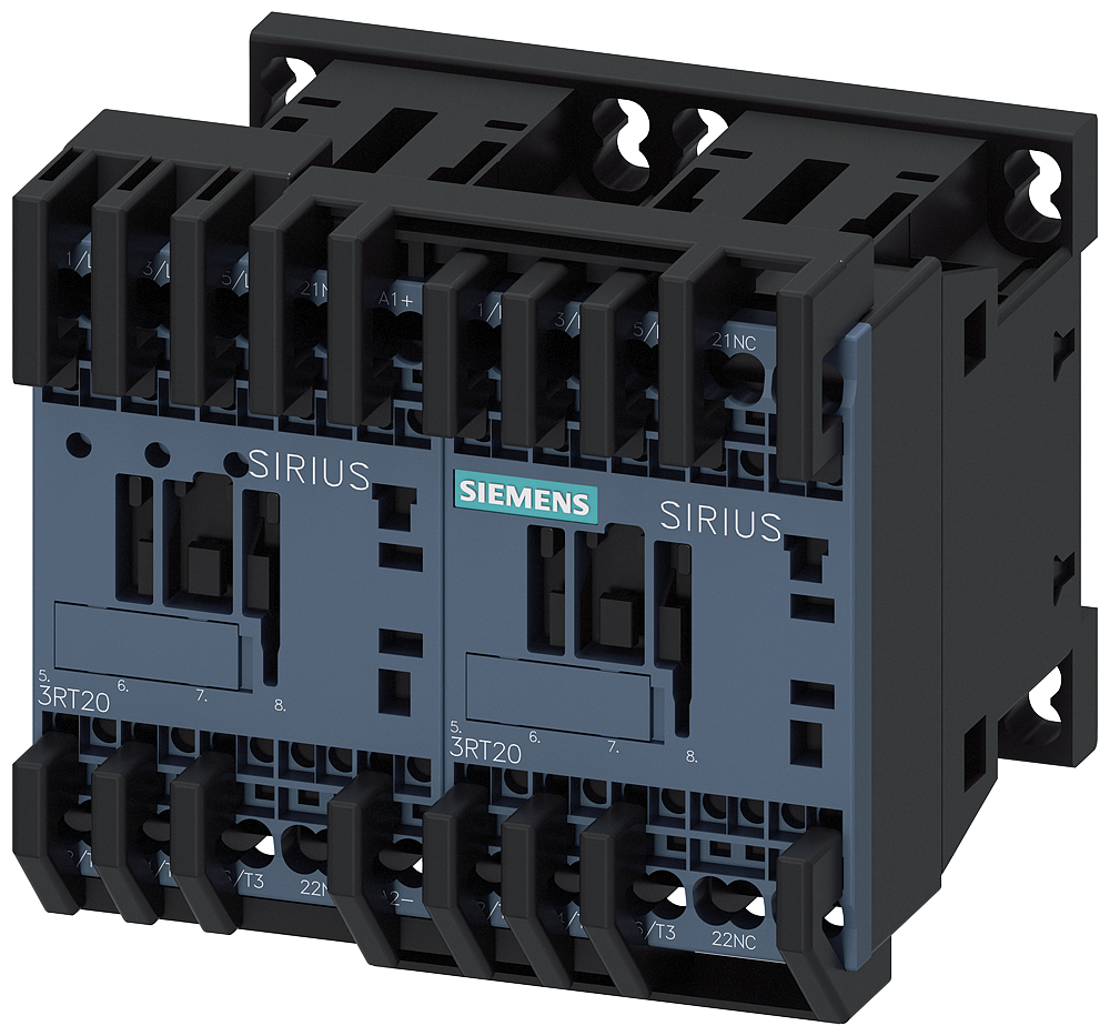 Siemens 3RA23168XE302BB4 Reversing Contactor Assembly w/ Mechanical & Electrical Interlock, 24 VDC V Coil, 9 A, 0NO-3NC Contact, 3 Poles