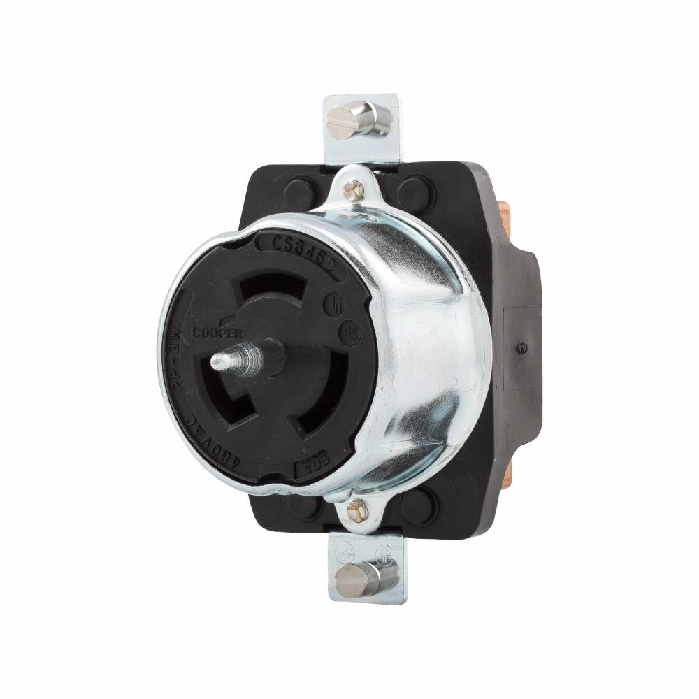 EATON CS8469 Single Locking Receptacle, 480 VAC, 50 A, 2 Poles, 3 Wires, Black