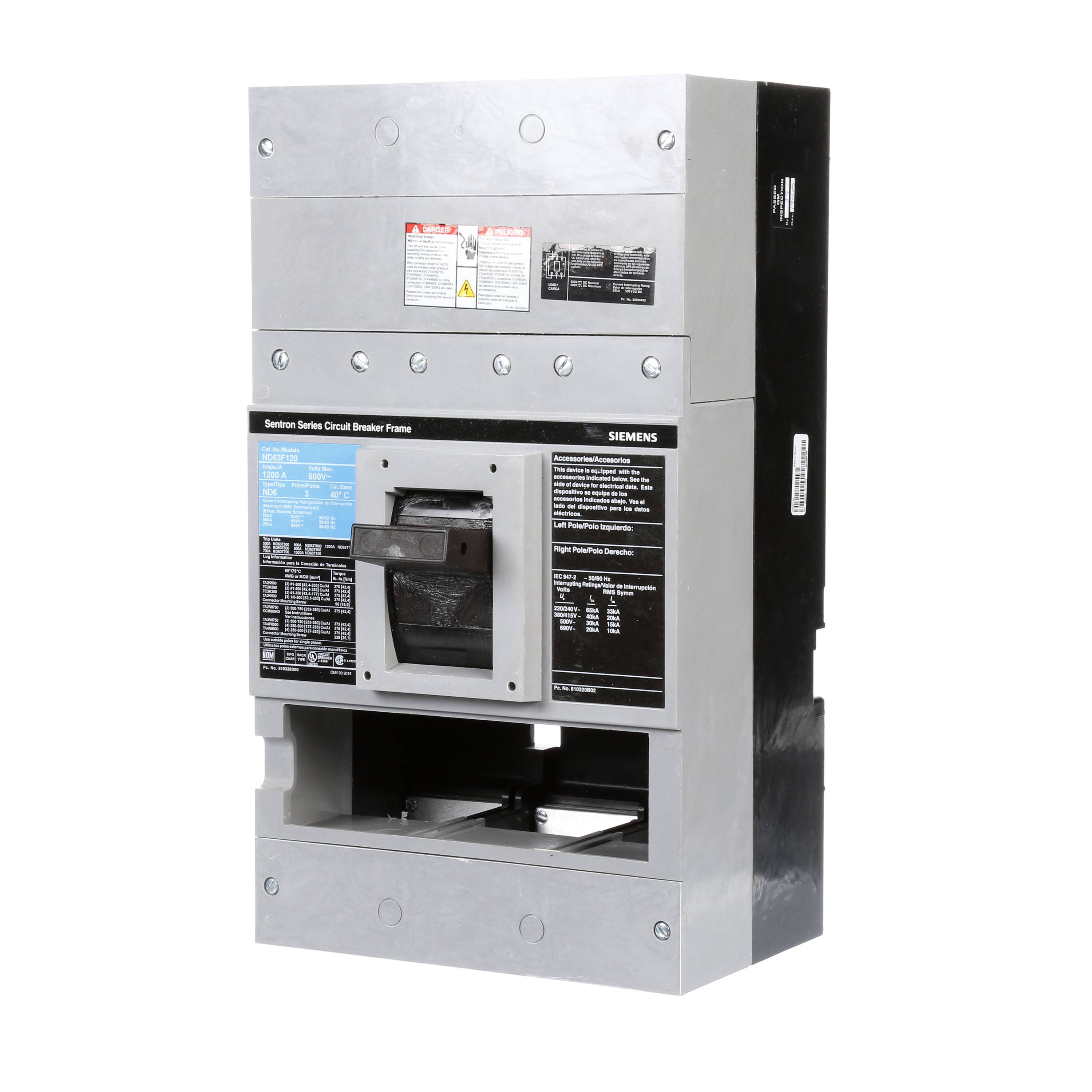 Siemens Sentron™ ND63F120 Breaker Frame, 600 VAC, 500 VDC, 1200 A, 3 ...