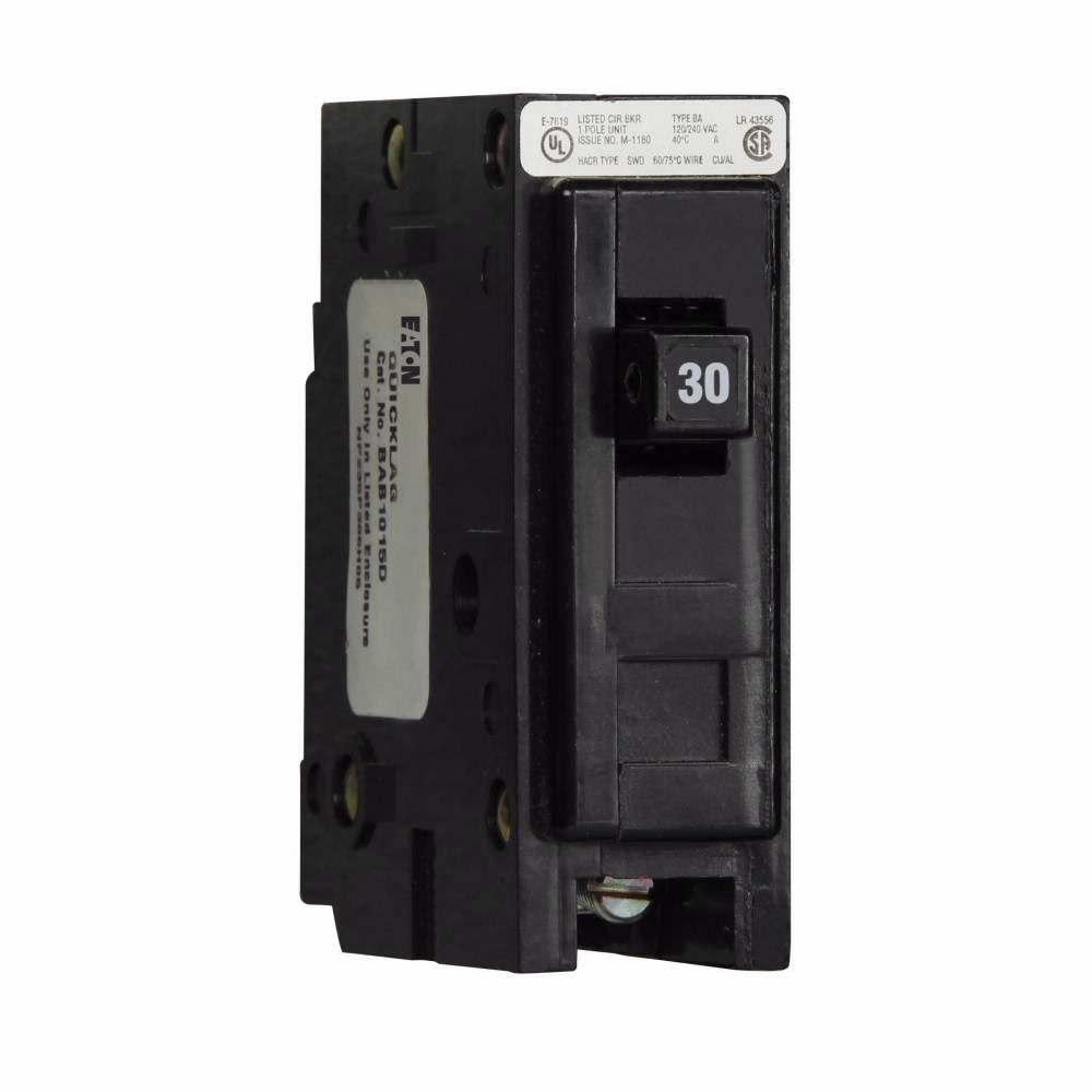 EATON QuickLag® BAB1030 Type BAB Molded Case Miniature Circuit Breaker, 120/240 VAC, 30 A, 10 kA Interrupt, 1 Poles, Non-Interchangeable Thermal Magnetic Trip