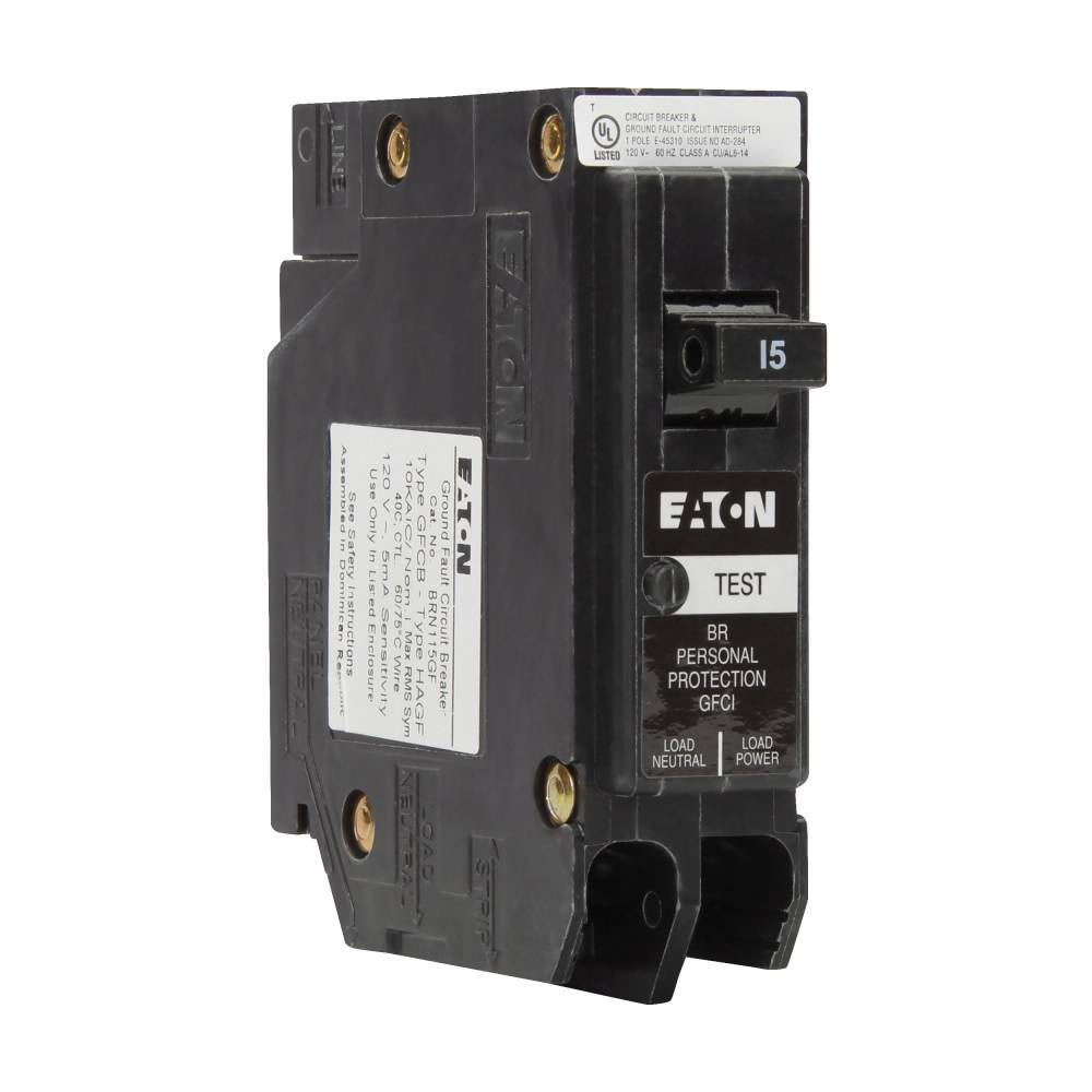 EATON BRN115GF Type ETN01 Ground Fault Circuit Breaker, 120/240 VAC, 15 A, 10 kA Interrupt, 1 Poles, Trip-to-Center Trip