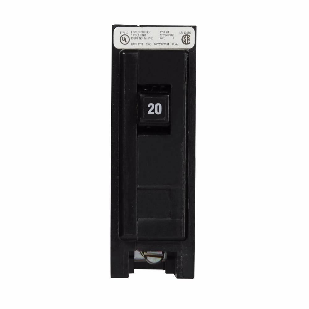 EATON QuickLag® BAB1020 Type BAB Miniature Circuit Breaker, 120/240 VAC, 20 A, 10 kA Interrupt, 1 Poles, Non-Interchangeable Thermal Magnetic Trip