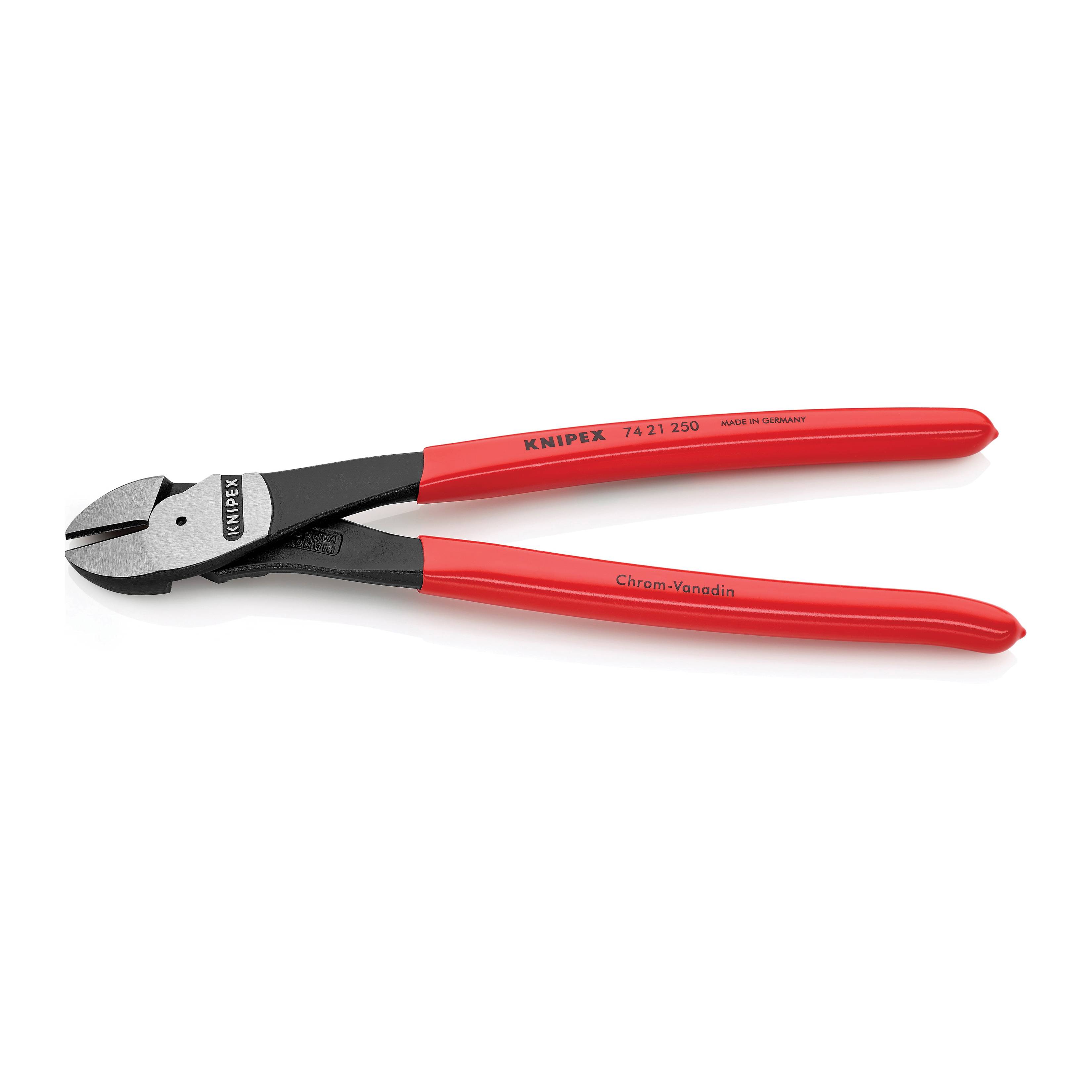 Knipex® 74 21 250 SBA High Leverage Diagonal Cutting Plier With Integrated Forged Joint Axle, 4.6 mm Medium Hard Wire Nominal, 1 in L x 1-1/8 in W Steel Beveled Jaw, 250 mm OAL