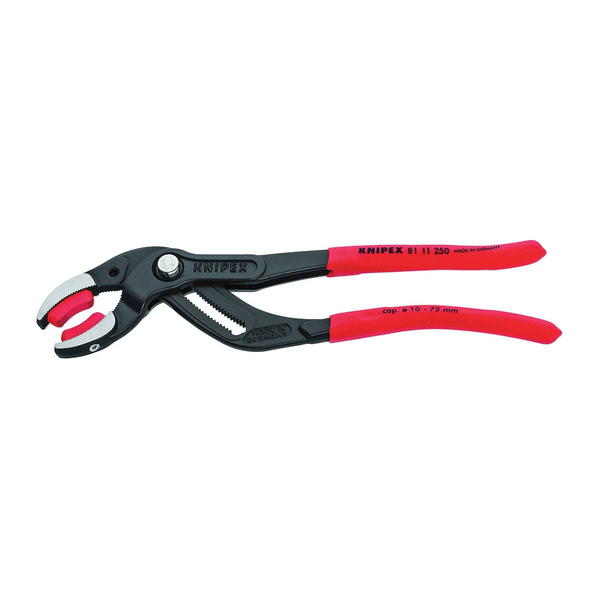 Knipex® 81 11 250 SBA Siphon and Connector Plier With Replaceable Plastic Jaws, DIN ISO 5743, 3/8 to 2-15/16 in Nominal, 2-3/8 in L x 3/8 in W Plastic Curved Jaw, 10 in OAL