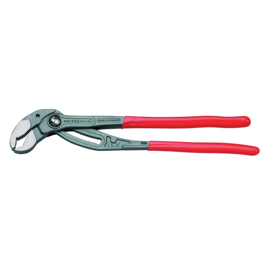 Knipex® Cobra® XL 87 01 400 SBA Box Joint Pipe Wrench and Water Pump Plier, 3-1/2 in Nominal, 2-1/16 in L x 1-3/4 in W CRV Steel V-Shape Jaw, Serrated Jaw Surface, 16 in OAL