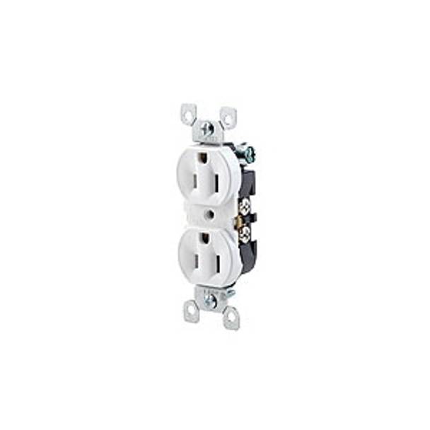 Leviton® 5320-WCP Duplex Grounding Straight Blade Receptacle With Ears, 125 VAC, 15 A, 2 Poles, 3 Wires, White