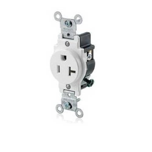 Leviton® 5801-W 1-Phase Heavy Duty Grounding Narrow Body Single Outlet Straight Blade Receptacle, 125 VAC, 20 A, 2 Poles, 3 Wires, White