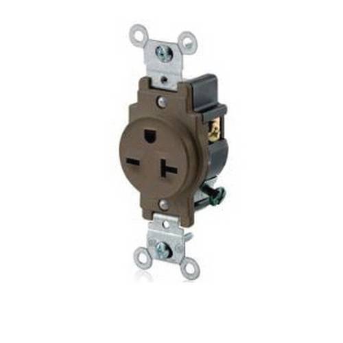 Leviton® 5821 Heavy Duty Grounding Narrow Body Straight Blade Single Receptacle, 250 VAC, 20 A, 2 Poles, 3 Wires, Brown