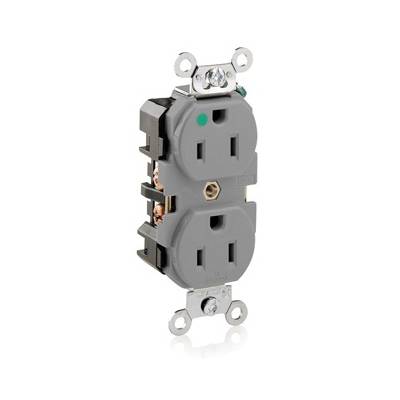 Leviton® 8200-GY 1-Phase Duplex Extra Heavy Duty Straight Blade Receptacle, 125 VAC, 15 A, 2 Poles, 3 Wires, Gray