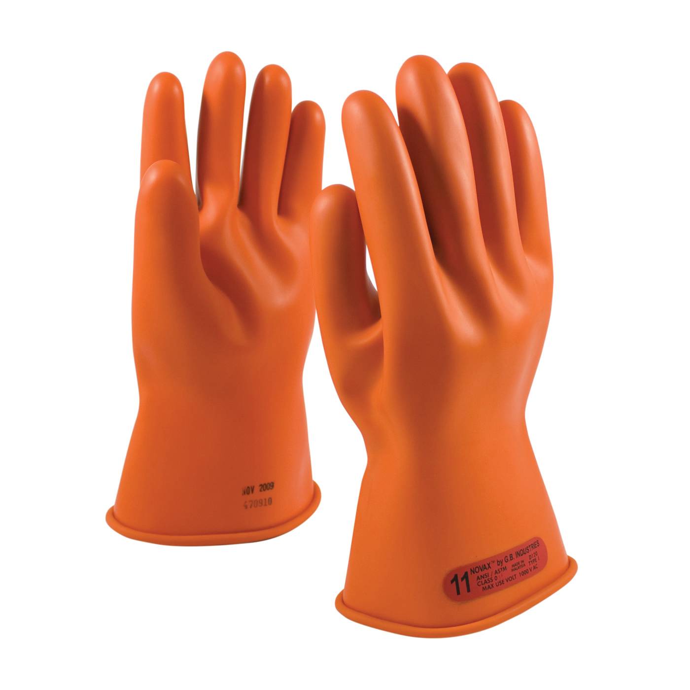 Novax® 147-0-11/10 Insulating Unisex Electrical Safety Gloves, SZ 10, Natural Rubber, Orange, 11 in L, ASTM Class: Class 0, 1000 VAC/1500 VDC Max Use Voltage (Discontinued by Manufacturer)