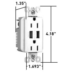 125 VAC 15 A, Legrand North America LLC TM826USBW radiant® Combination USB Charger and Receptacle, White
