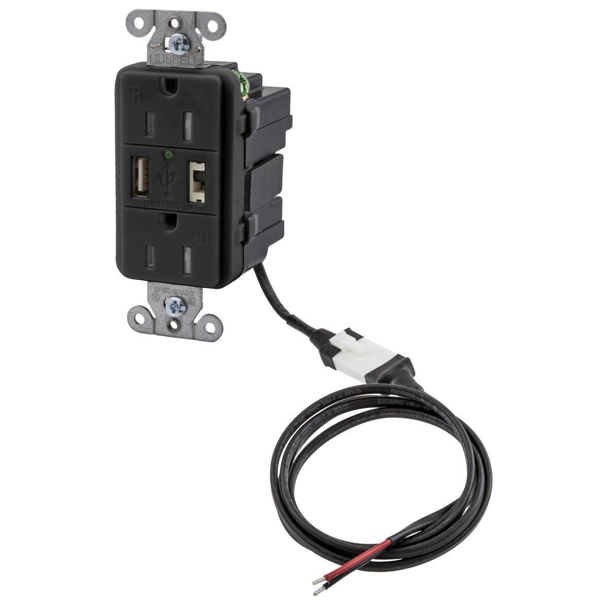 Wiring Device-Kellems iSTATION™ AVPS152BK Decorator Duplex Tamper-Resistant USB Charger Receptacle, 125 VAC, 15 A, Black