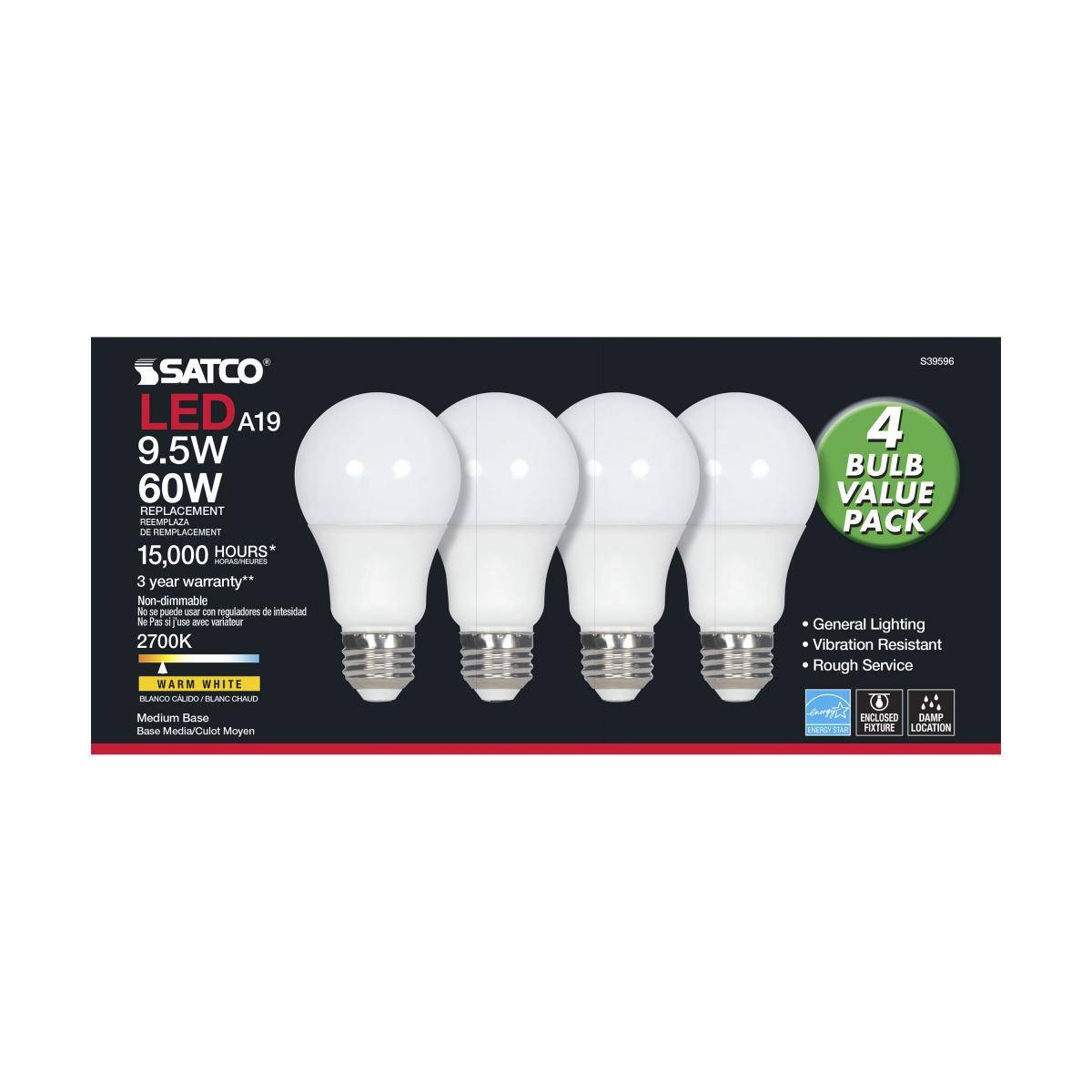 SATCO® S39596 Light Bulb, 9.5 W, 60 W Incandescent Equivalent, Medium Lamp Base Type A Lamp, A19 Shape, 800 Lumens