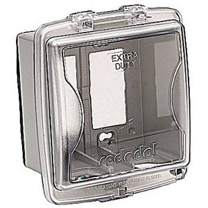 2-Gang, 5-9/16" x 2-7/8" x 6-5/8", Thomas & Betts Corporation 2CKPM-BULK Red Dot® Weatherproof While-In Use Box Cover, GFCI/Single/Duplex Receptacle, Clear Top/ Gray Bottom