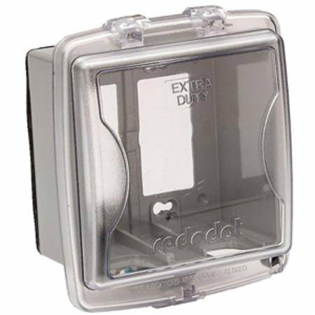 2-Gang, 5-9/16" x 2-7/8" x 6-5/8", Thomas & Betts Corporation 2CKPM Red Dot® Weatherproof While-In Use Box Cover, GFCI/Single/Duplex Receptacle, Clear Top/ Gray Bottom