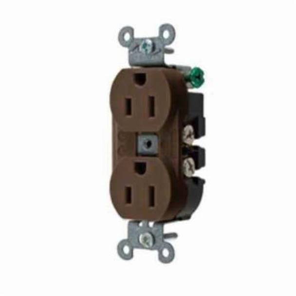 Wiring Device-Kellems Hubbell-PRO™ 5252AB 1-Phase Duplex Heavy Duty Self-Grounding Standard Traditional Screw Mount Straight Blade Receptacle, 125 VAC, 15 A, 2 Poles, 3 Wires, Brown